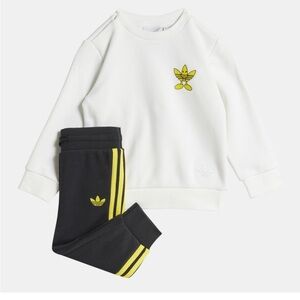 Smiley Adidas White Sweatshirt and Black Pants with Yellow Stripes